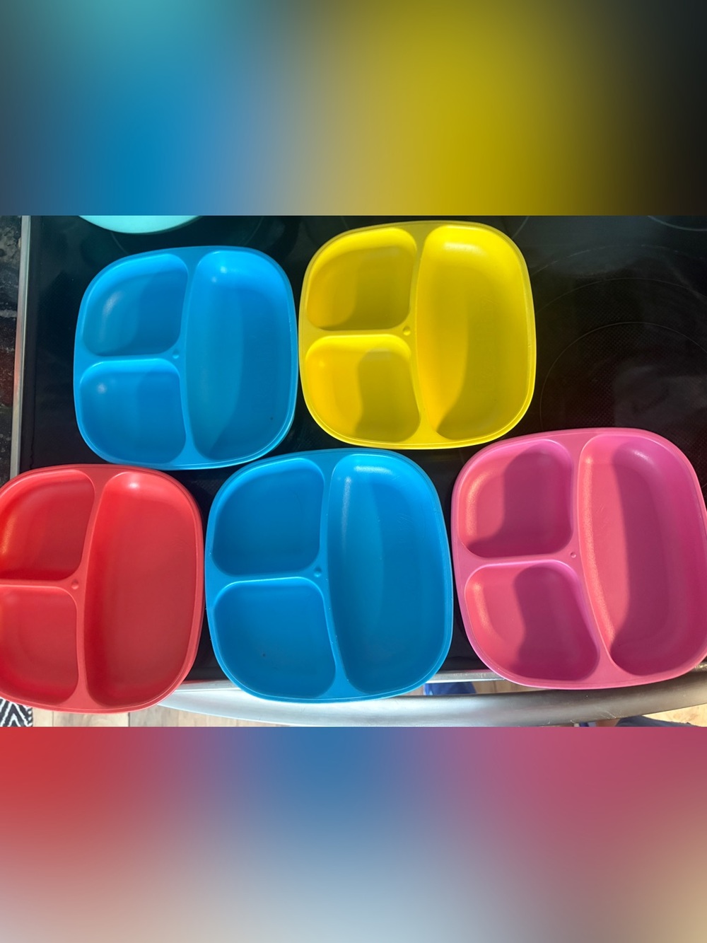 Replay recycled square divided dishes. Unbreakable. Set of 5. Colorful.